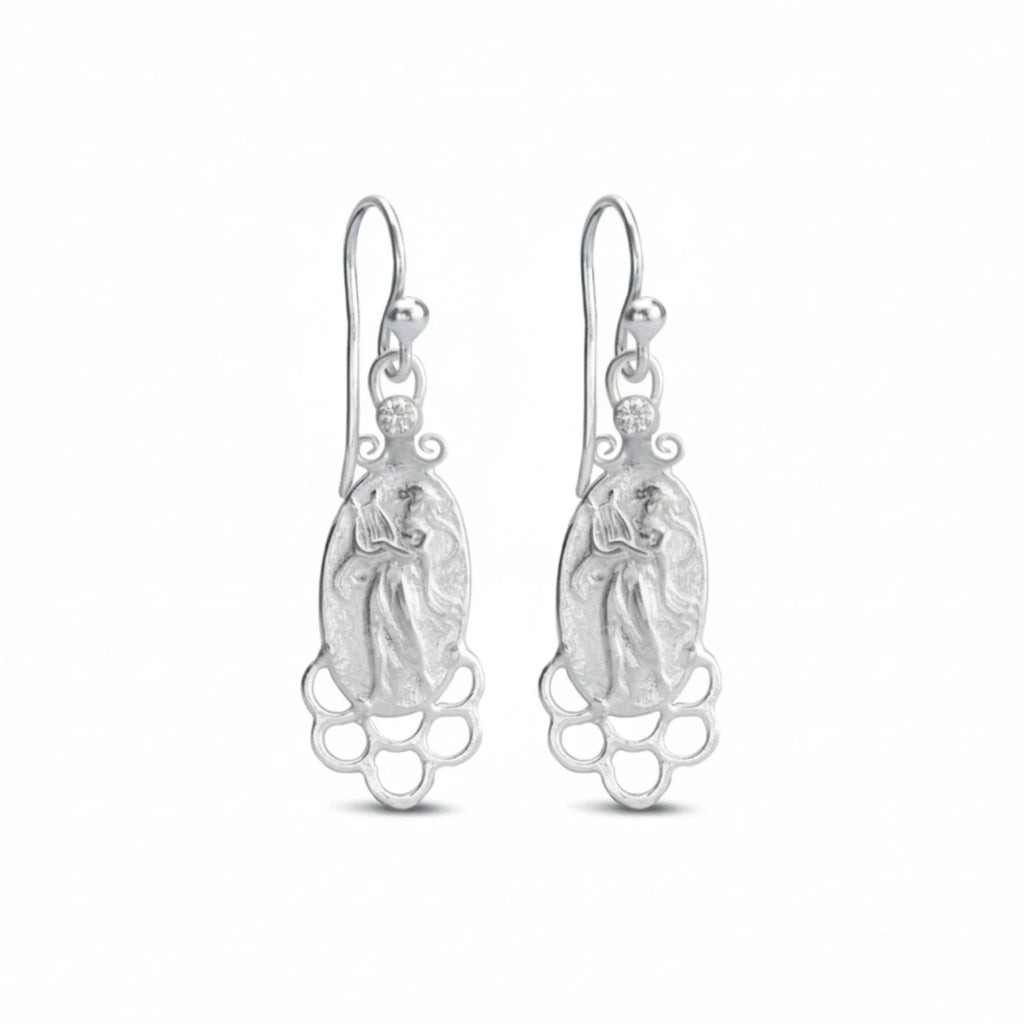 white topaz coin dangle earrings in 925 sterling silver handcrafted by Turkish designer Sultan in Bodrum