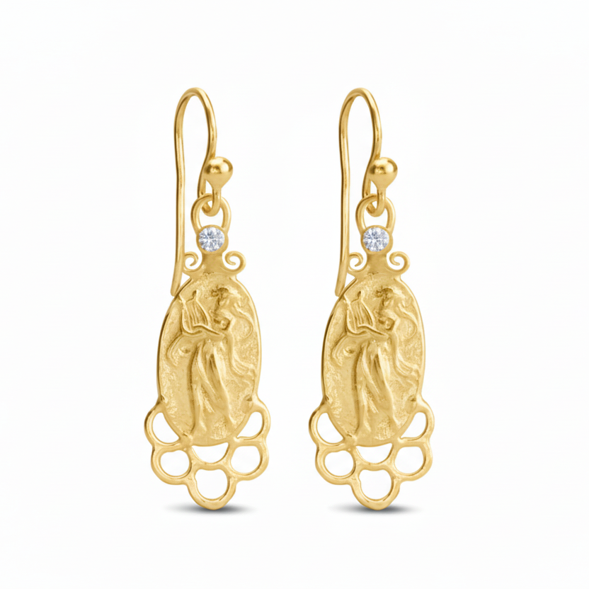  Close-up of white topaz coin earrings showing ancient Roman-inspired design with natural gemstone, 925 silver Turkish jewelry
