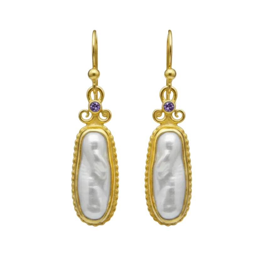 Handmade gold pearl amethyst earrings with 925 sterling silver, featuring natural purple amethyst gemstones and baroque pearls, designed by Sultan in Bodrum, Turkey
