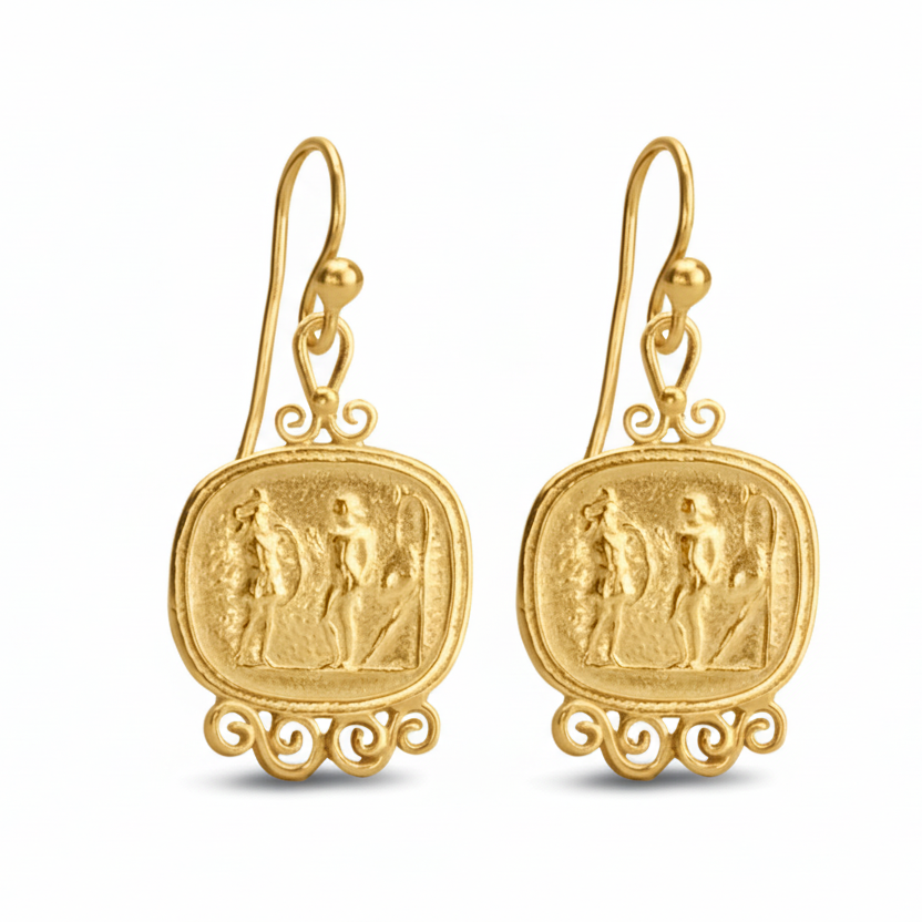 Turkish Ancient gold Coin earrings by designer Sultan Bodrum, 925 silver handmade artisan jewelry gift with heritage and history symbols