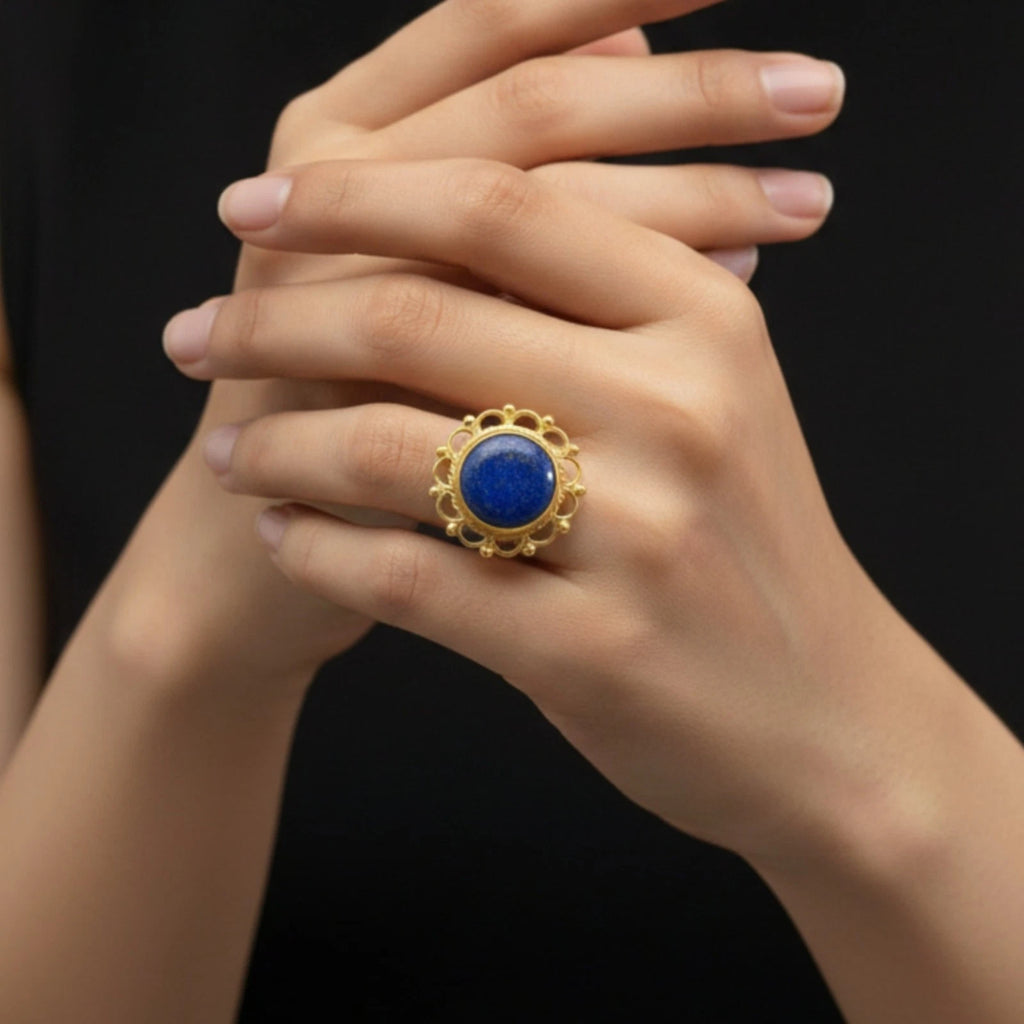 Artisan Lapis Lazuli ring with hammered texture, handmade by Sultan in Bodrum, Turkish designer jewelry with 925 silver