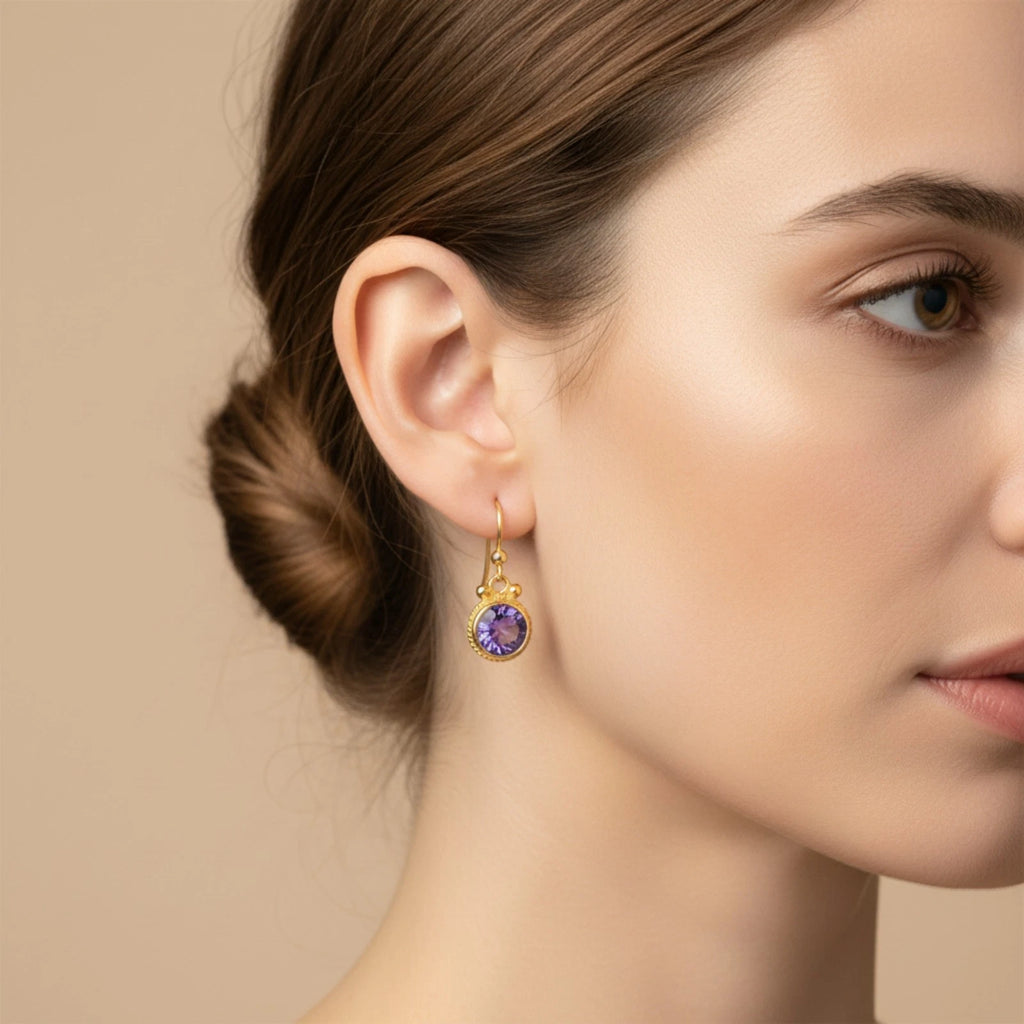 Artisan Amethyst dainty earrings with ancient-inspired design, handmade by Sultan in Bodrum, Turkish designer jewelry celebrating clarity with 925 silver
