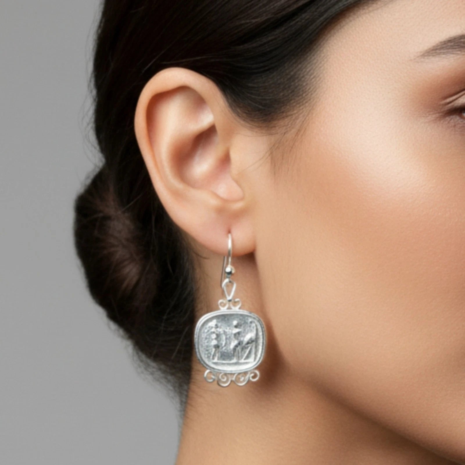 Artisan Ancient Coin earrings with Roman reproduction, handmade by Sultan in Bodrum, Turkish designer jewelry celebrating history with 925 silver
