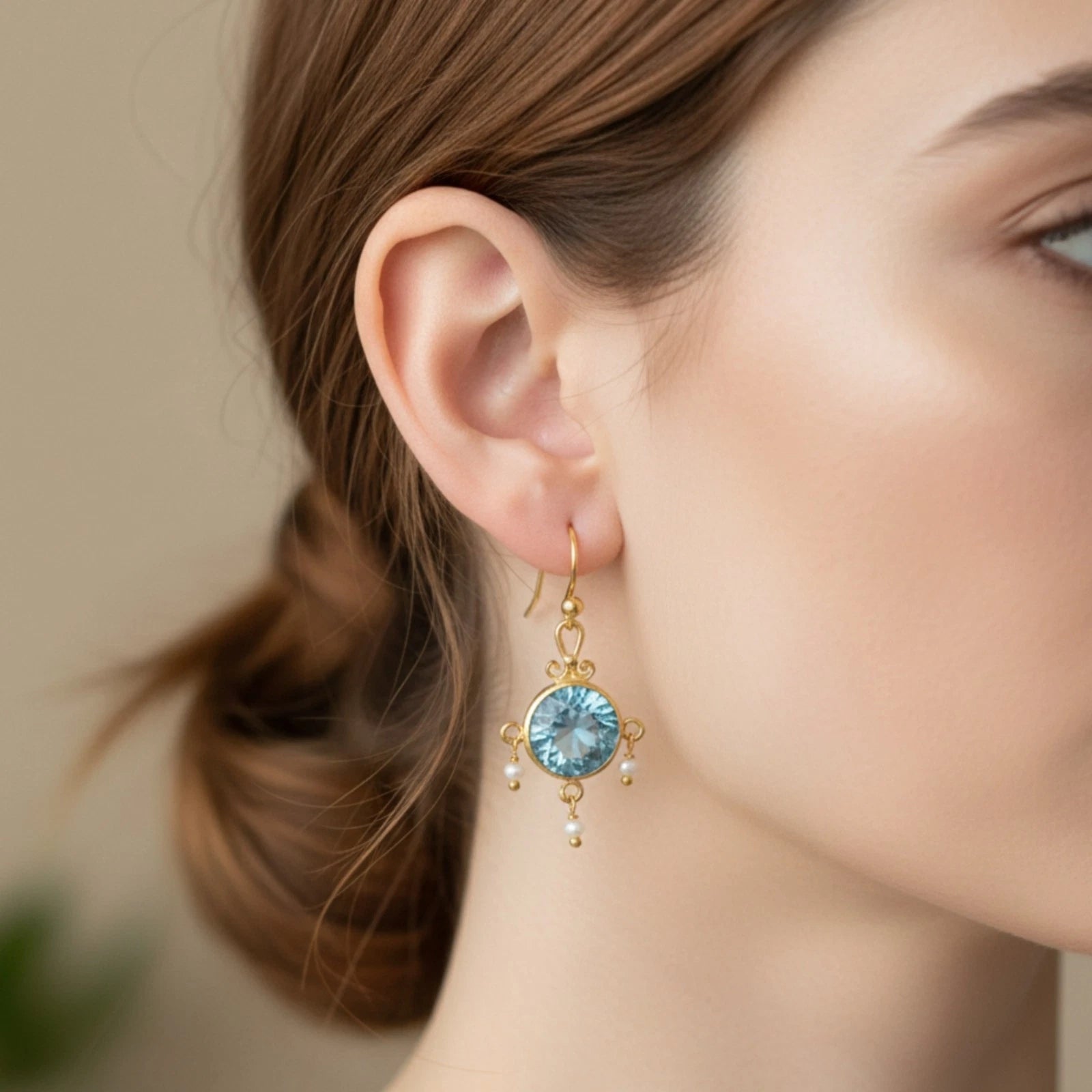 Artisan Blue Topaz Pearl earrings with dainty design, handmade by Sultan in Bodrum, Turkish designer jewelry celebrating calmness with 925 silver
