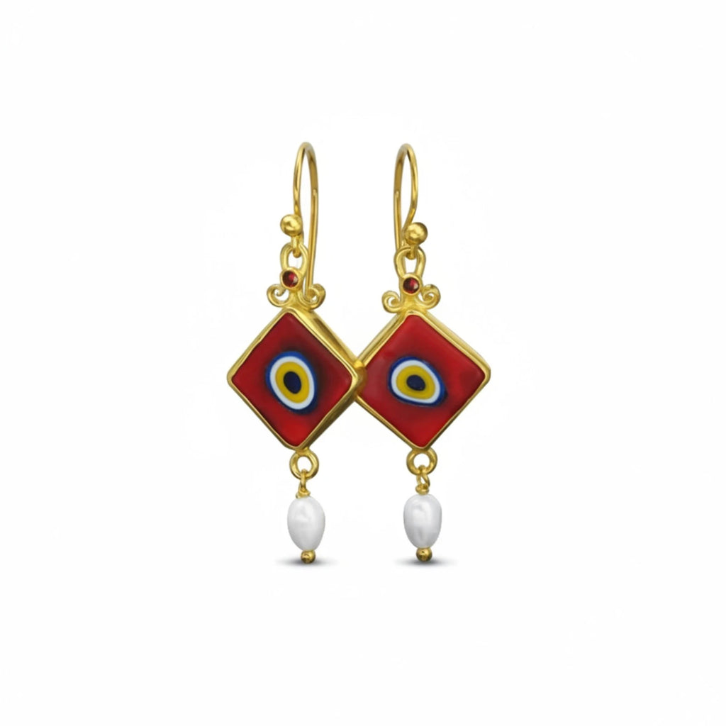 Artisan Evil Eye Pearl earrings with Turkish ceramic eye motif, handmade by Sultan in Bodrum, Turkish designer jewelry celebrating tradition with 925 silver
