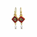 Artisan Evil Eye Pearl earrings with Turkish ceramic eye motif, handmade by Sultan in Bodrum, Turkish designer jewelry celebrating tradition with 925 silver
