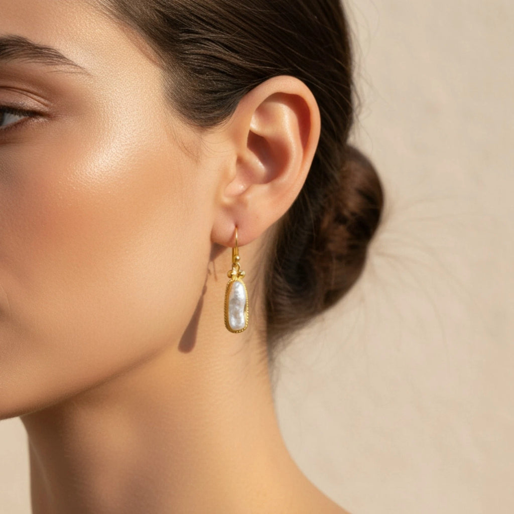 Artisan Freeform Pearl earrings with organic shape, handmade by Sultan in Bodrum, Turkish designer jewelry celebrating nature with 925 silver
