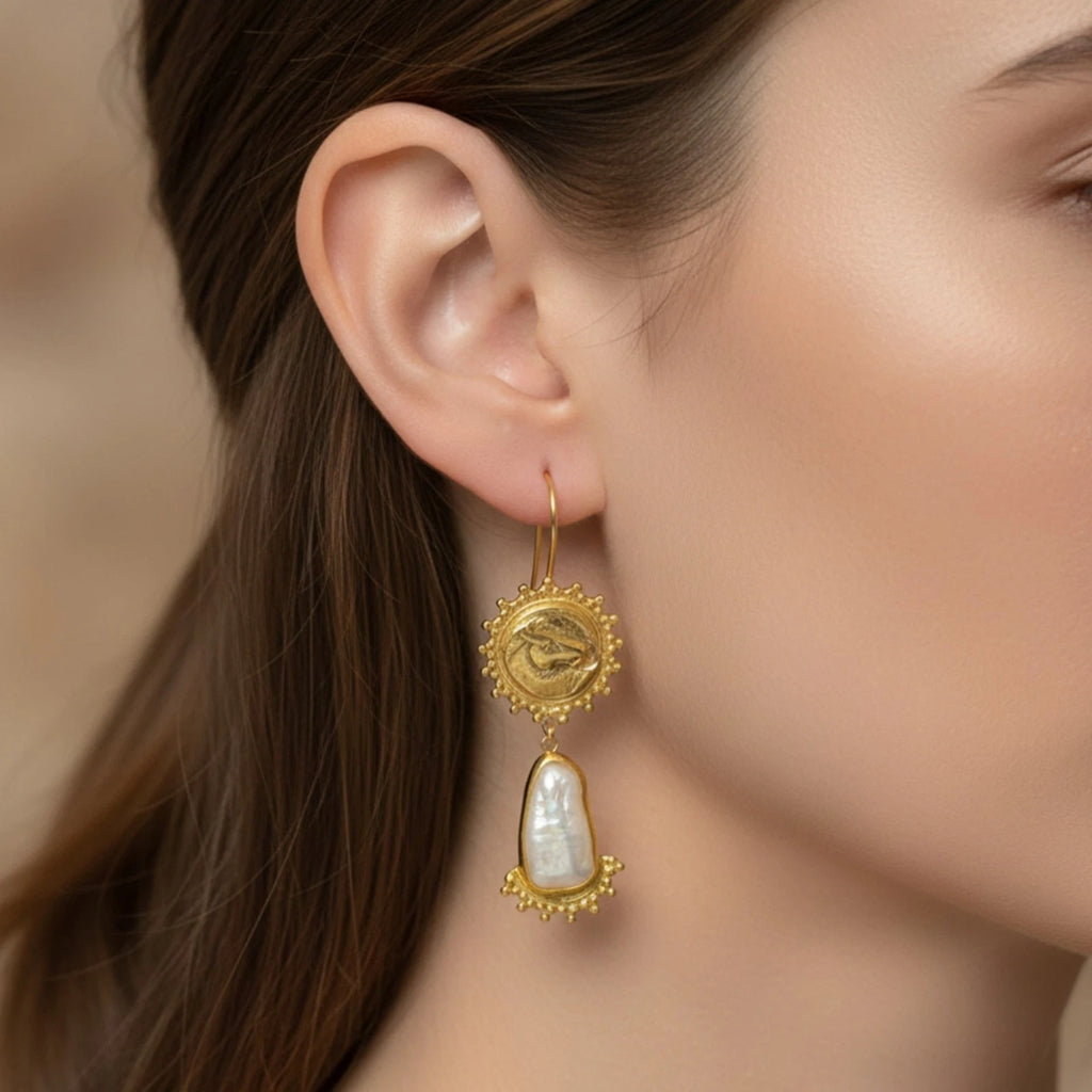 Artisan Horse Coin Pearl earrings with Roman mustang motif, handmade by Sultan in Bodrum, Turkish designer jewelry celebrating heritage with 925 silver
