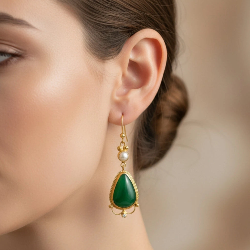 Artisan Jade Pearl drop earrings with White Topaz accent, handmade by Sultan in Bodrum, Turkish designer jewelry celebrating harmony with 925 silver

