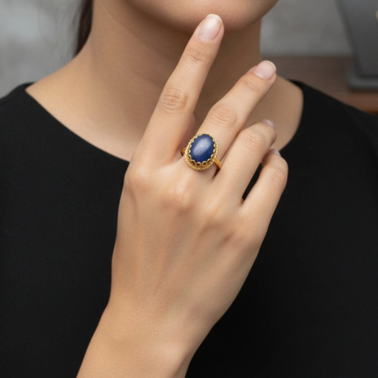 Artisan Lapis ring with hammered texture, handmade by Sultan in Bodrum, Turkish designer jewelry with 925 silver