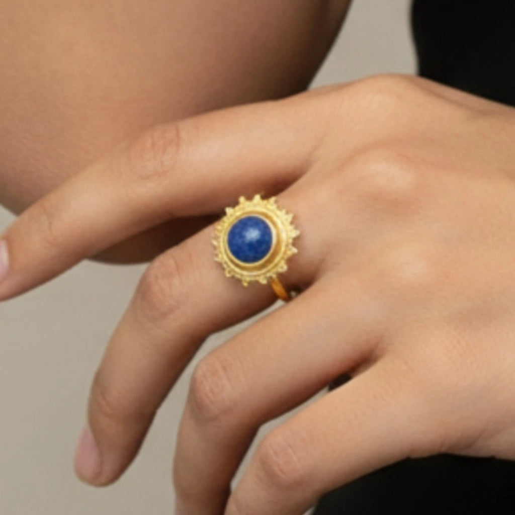 925 silver Lapis Lazuli ring featuring ancient Roman-inspired design by artisan Sultan, Bodrum Turkish jewelry
