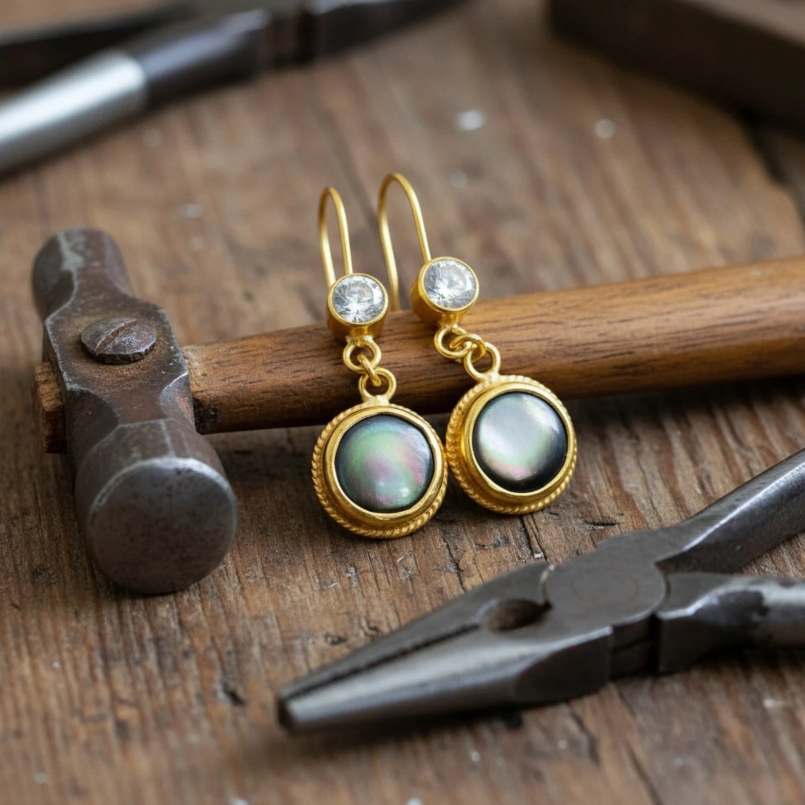 Artisan Mother of Pearl earrings with iridescent natural stone, handmade by Sultan in Bodrum, Turkish designer jewelry celebrating elegance with 925 silver
