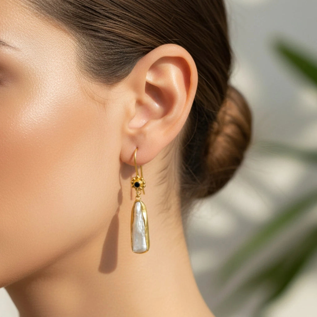 
Artisan Onyx Pearl earrings with natural gemstones, handmade by Sultan in Bodrum, Turkish designer jewelry