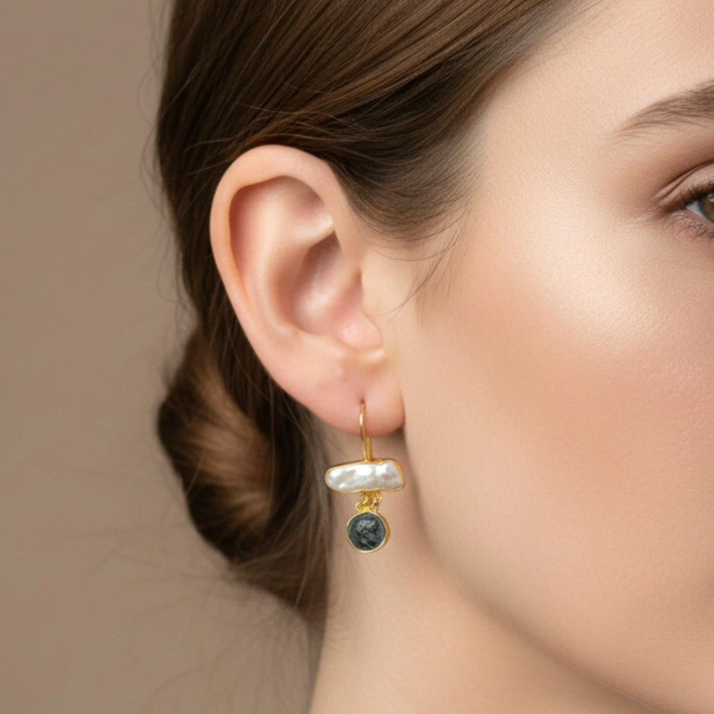 Artisan Pearl Coin earrings with oxidized Alexander coin, handmade by Sultan in Bodrum, Turkish designer jewelry celebrating heritage with 925 silver
