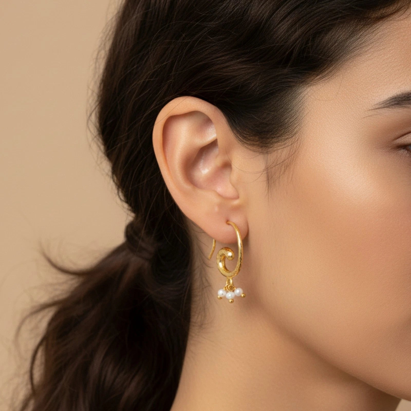 Artisan Pearl Hoop earrings with hammered texture, handmade by Sultan in Bodrum, Turkish designer jewelry celebrating Aegean charm withnull925 silver
