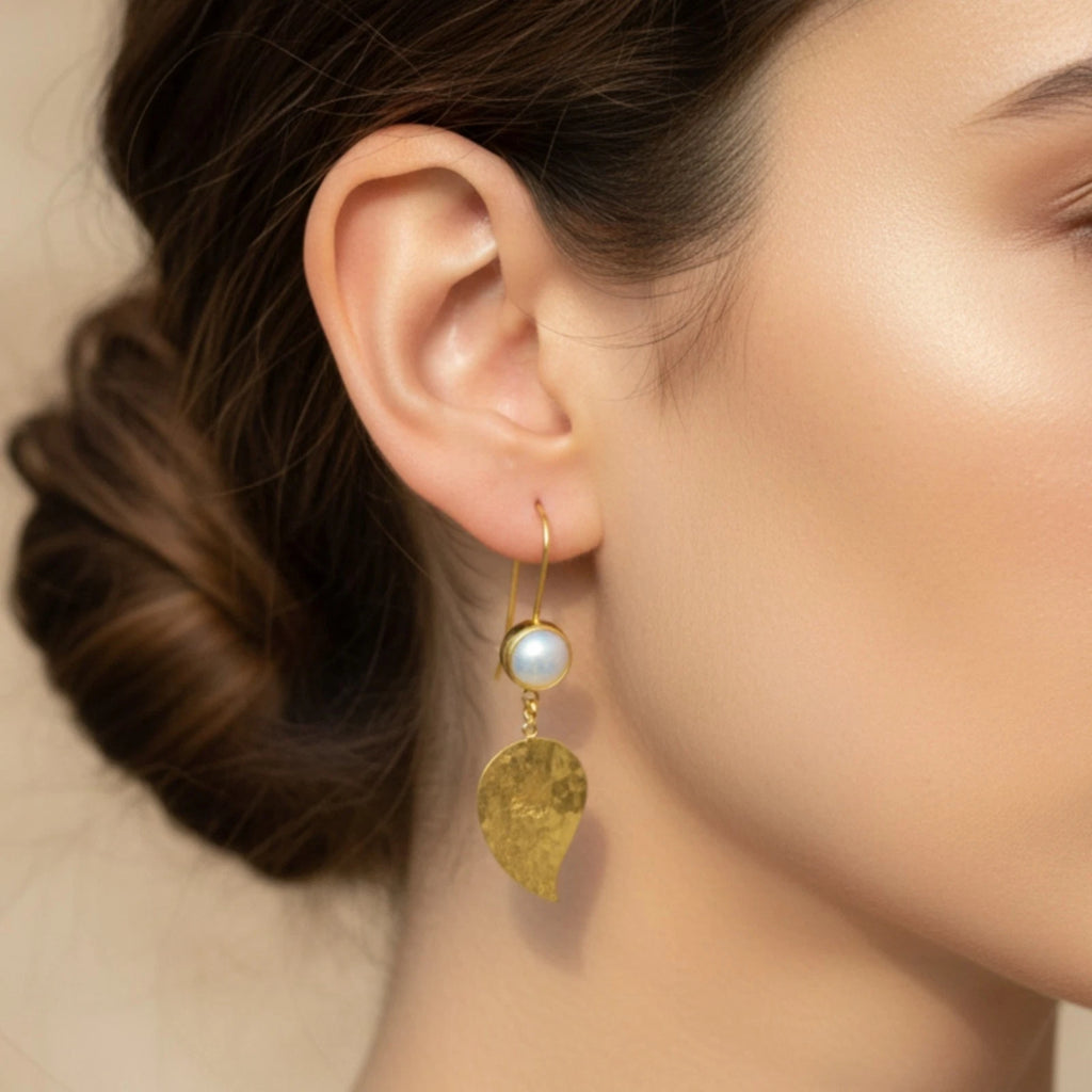 Artisan Pearl Leaf earrings with nature-inspired design, handmade by Sultan in Bodrum, Turkish designer jewelry celebrating elegance with 925 silver
