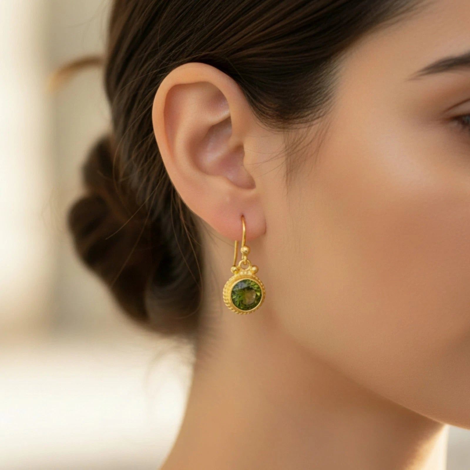 Artisan Peridot earrings with ancient-inspired design, handmade by Sultan in Bodrum, Turkish designer jewelry celebrating compassion with 925 silver
