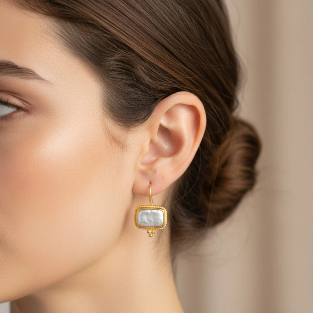 Artisan Rectangle Pearl earrings with unique shape, handmade by Sultan in Bodrum, Turkish designer jewelry celebrating wisdom with 925 silver

