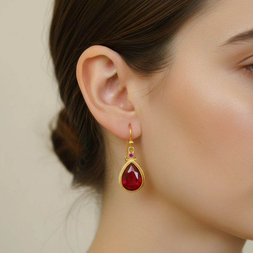 Artisan Red Topaz drop earrings with ancient-inspired design, handmade by Sultan in Bodrum, Turkish designer jewelry celebrating energy with 925 silver


