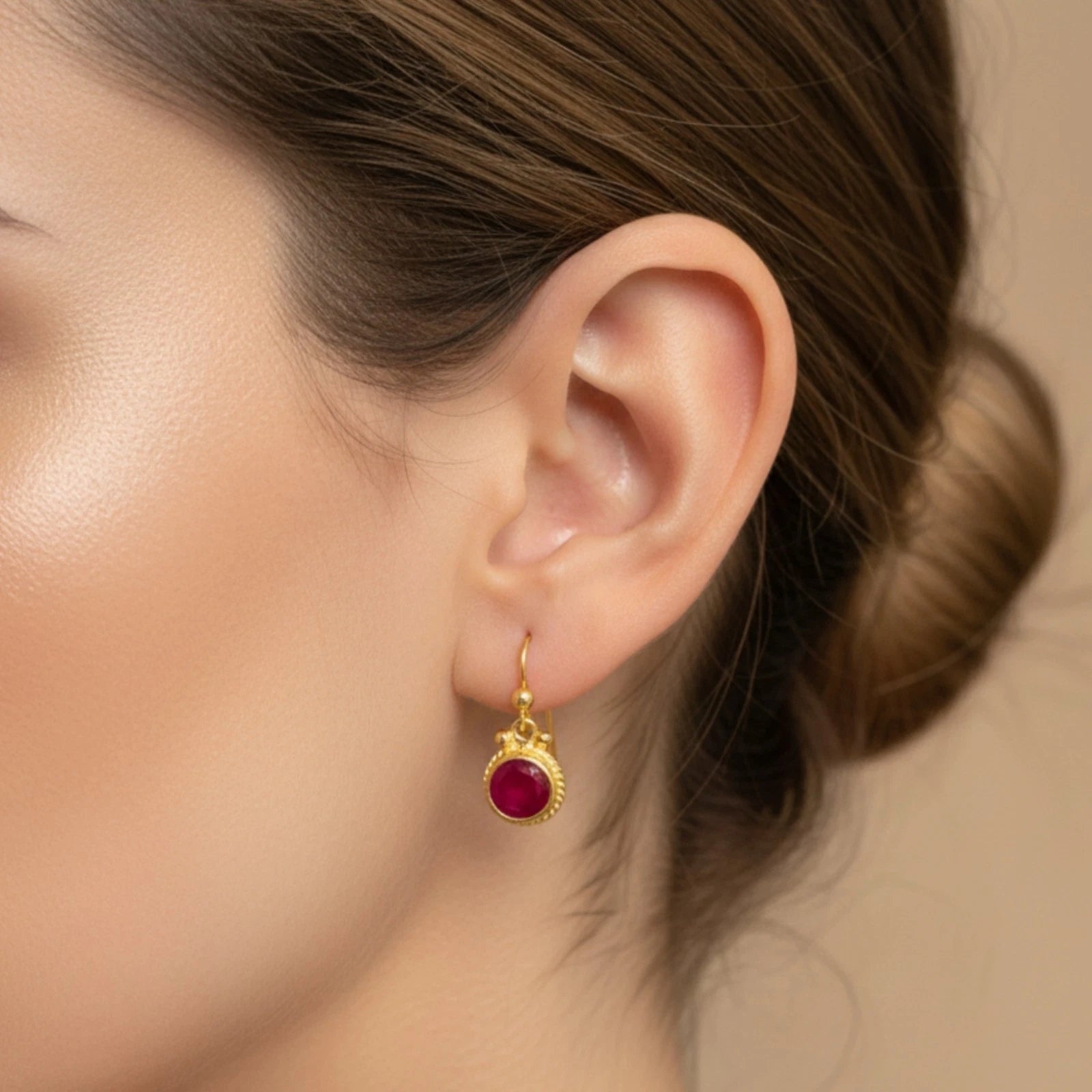Artisan Red Topaz earrings with ancient-inspired design, handmade by Sultan in Bodrum, Turkish designer jewelry celebrating passion with 925 silver
