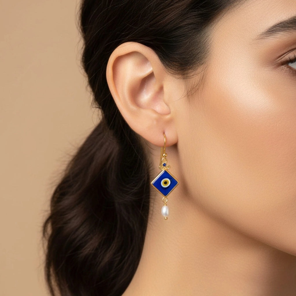 
925 silver Turkish Eye dangle earrings with blue Iolite and white Pearl, ancient Anatolian inspired design By Sultan
