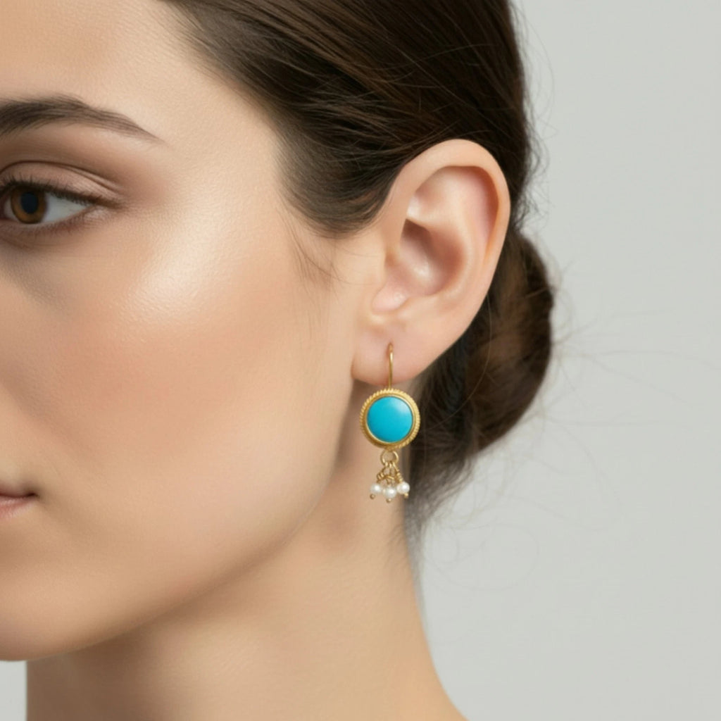 Artisan Turquoise Pearl earrings with ancient-inspired design, handmade by Sultan in Bodrum, Turkish designer jewelry celebrating heritage with 925 silver
