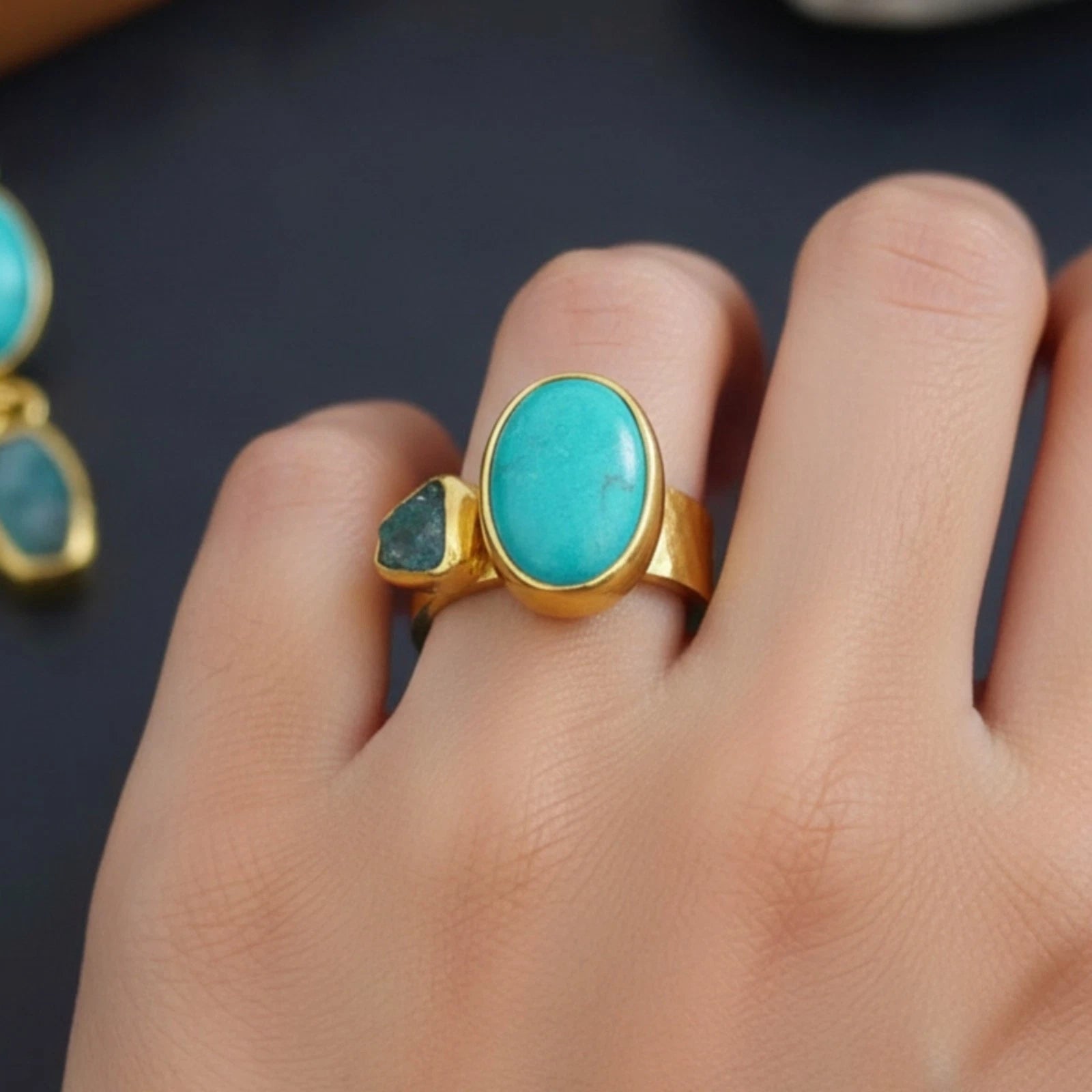 
Artisan Turquoise raw blue apatite ring with hammered texture, handmade by Sultan in Bodrum, Turkish designer jewelry with 925 silver