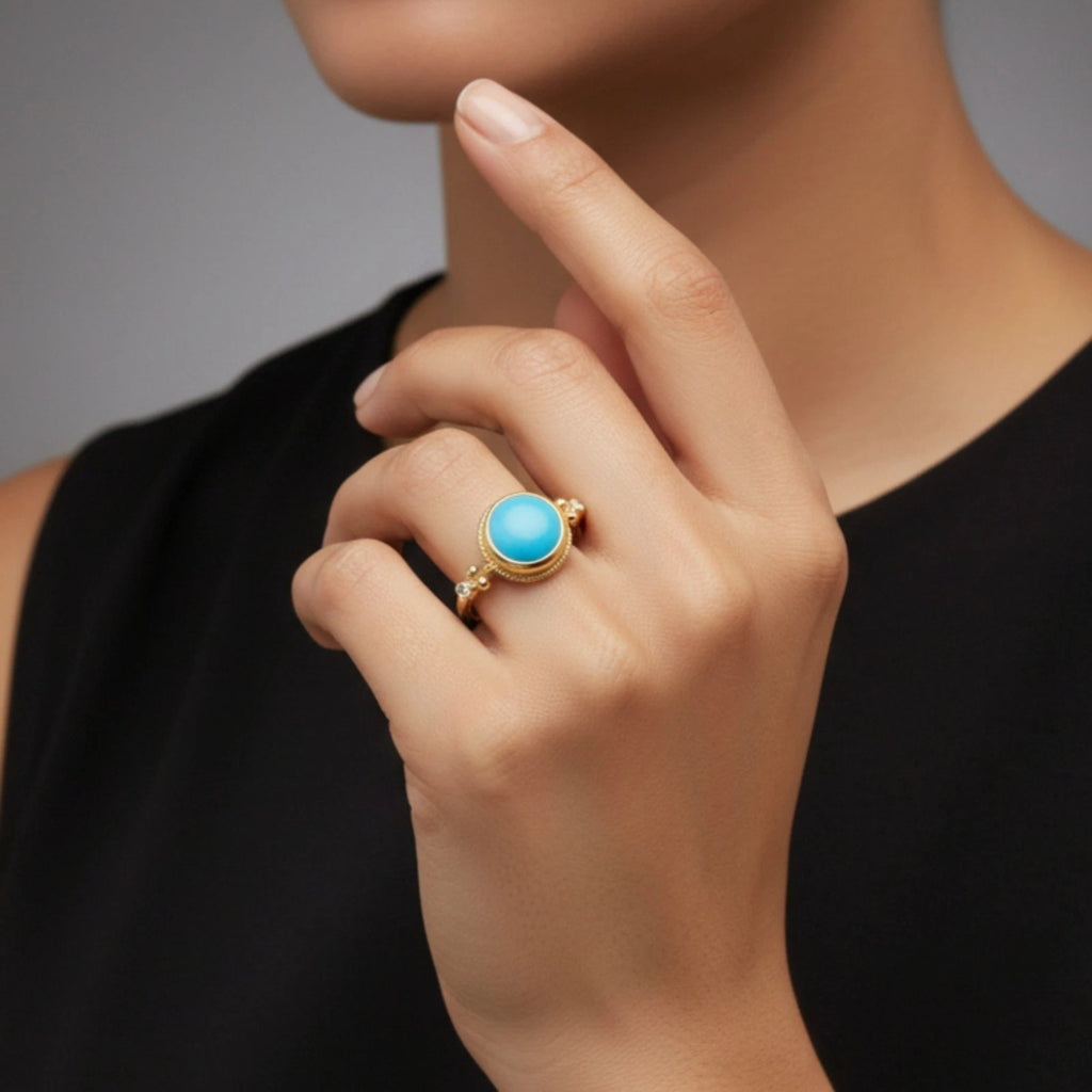 Artisan Turquoise ring with hammered texture, handmade by Sultan in Bodrum, Turkish designer jewelry with 925 silver