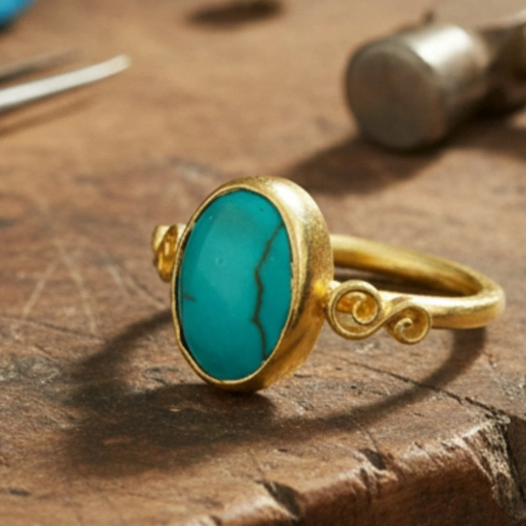 Artisan Turquoise ring with hammered texture, handmade by Sultan in Bodrum, Turkish designer jewelry with 925 silver