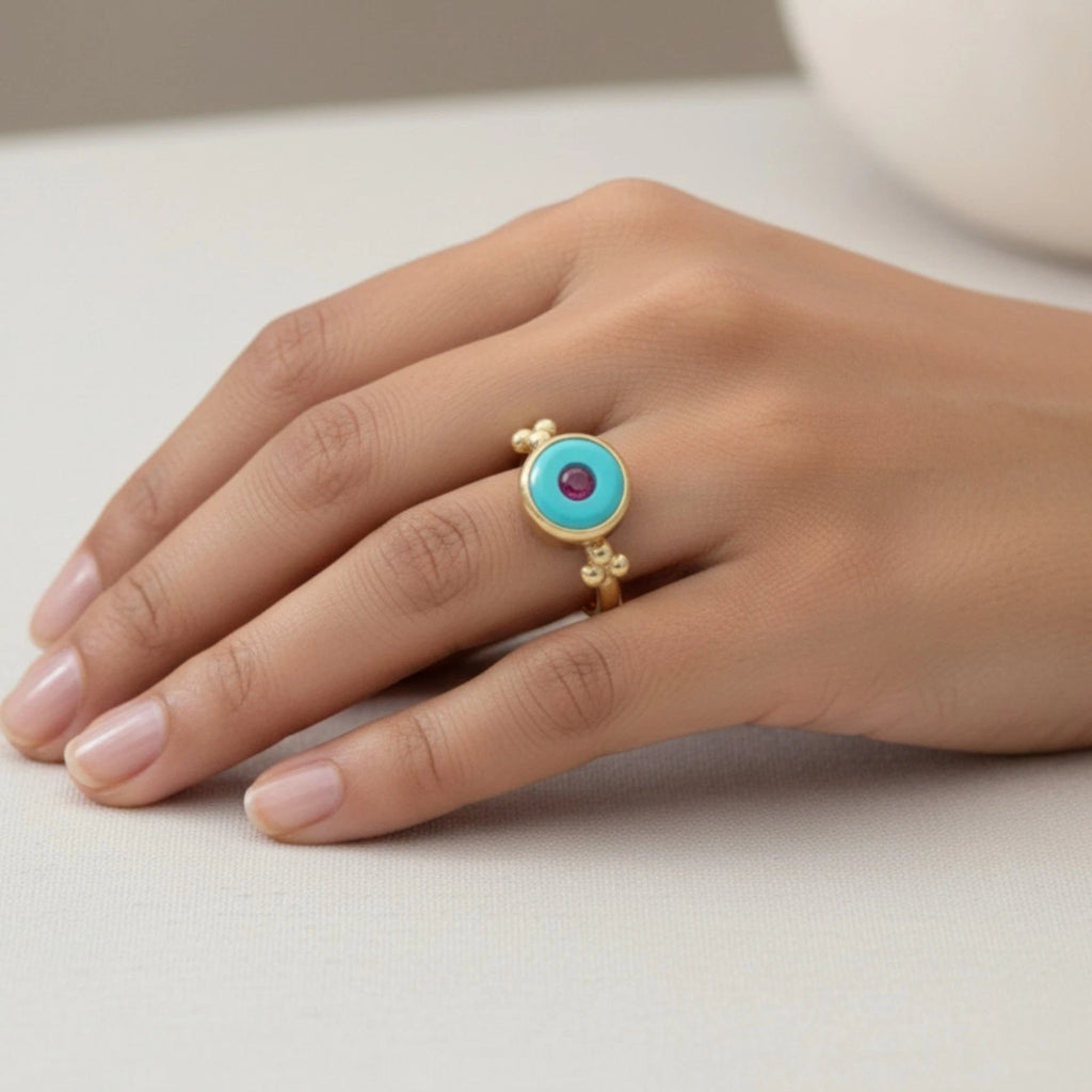 Artisan Turquoise Ruby ring with hammered texture, handmade by Sultan in Bodrum, Turkish designer jewelry with 925 silver