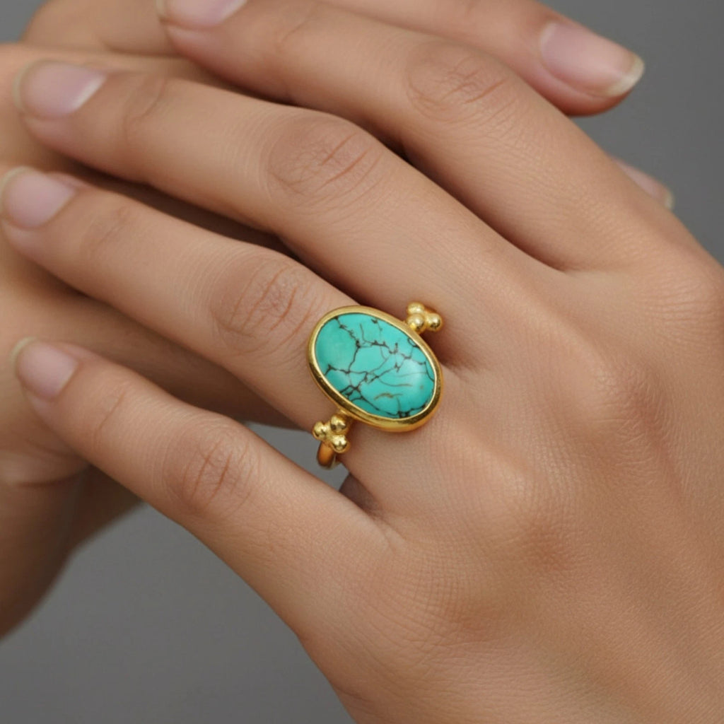 Artisan Turquoise women ring with hammered texture, handmade by Sultan in Bodrum, Turkish designer jewelry with 925 silver