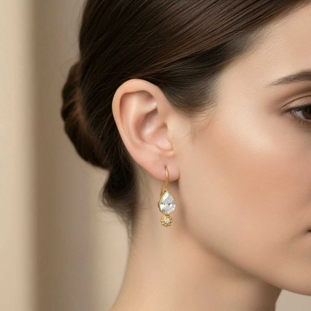 Artisan White Topaz dainty earrings with pear-shaped gemstone, handmade by Sultan in Bodrum, Turkish designer jewelry celebrating elegance with 925 silver
