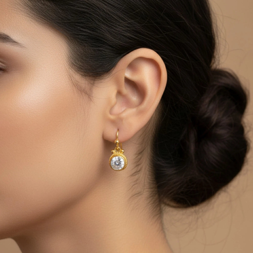 Artisan White Topaz earrings with ancient-inspired design, handmade by Sultan in Bodrum, Turkish designer jewelry celebrating purity with 925 silver
