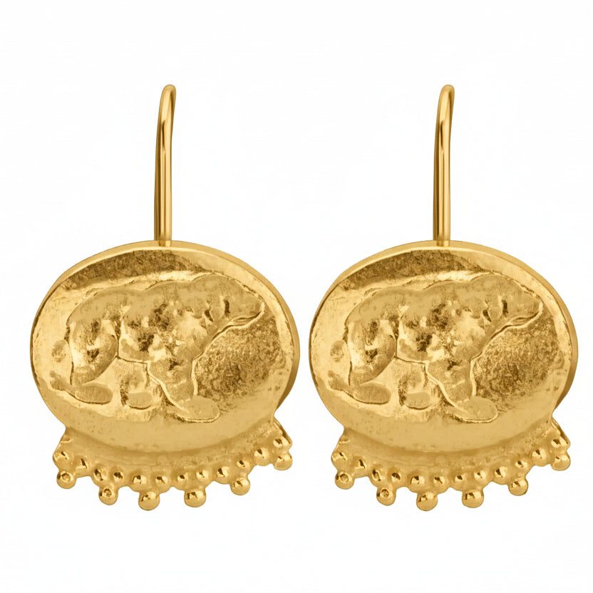 Sultan grizzly bear gold coin earrings, statement jewelry for women
