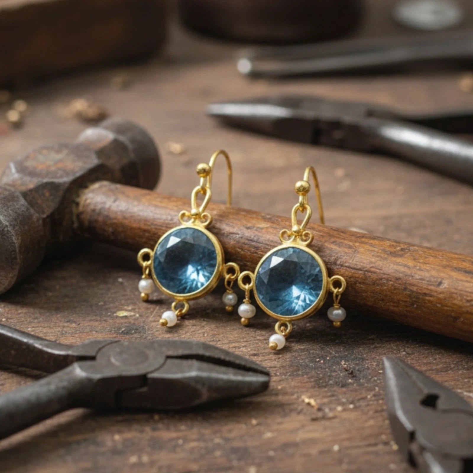 Turkish Blue Topaz and Pearl earrings by designer Sultan Bodrum, 925 silver handmade artisan jewelry gift with serenity and purity symbols