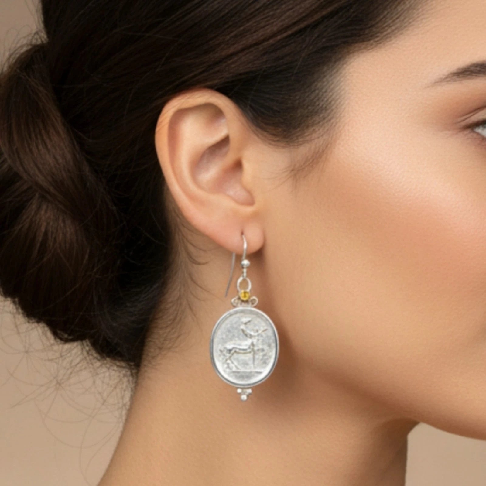 Turkish artisan Centaur coin earrings with yellow topaz gemstone

