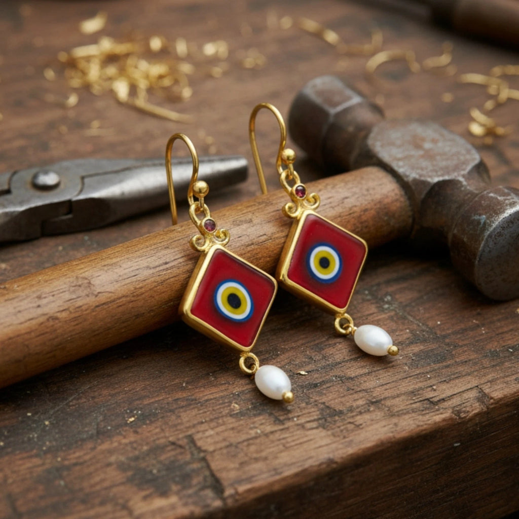 US Duties Incl: Turkish Evil Eye Pearl Charm Earrings 925 Silver, Handmade by Sultan, Perfect Gift for Her