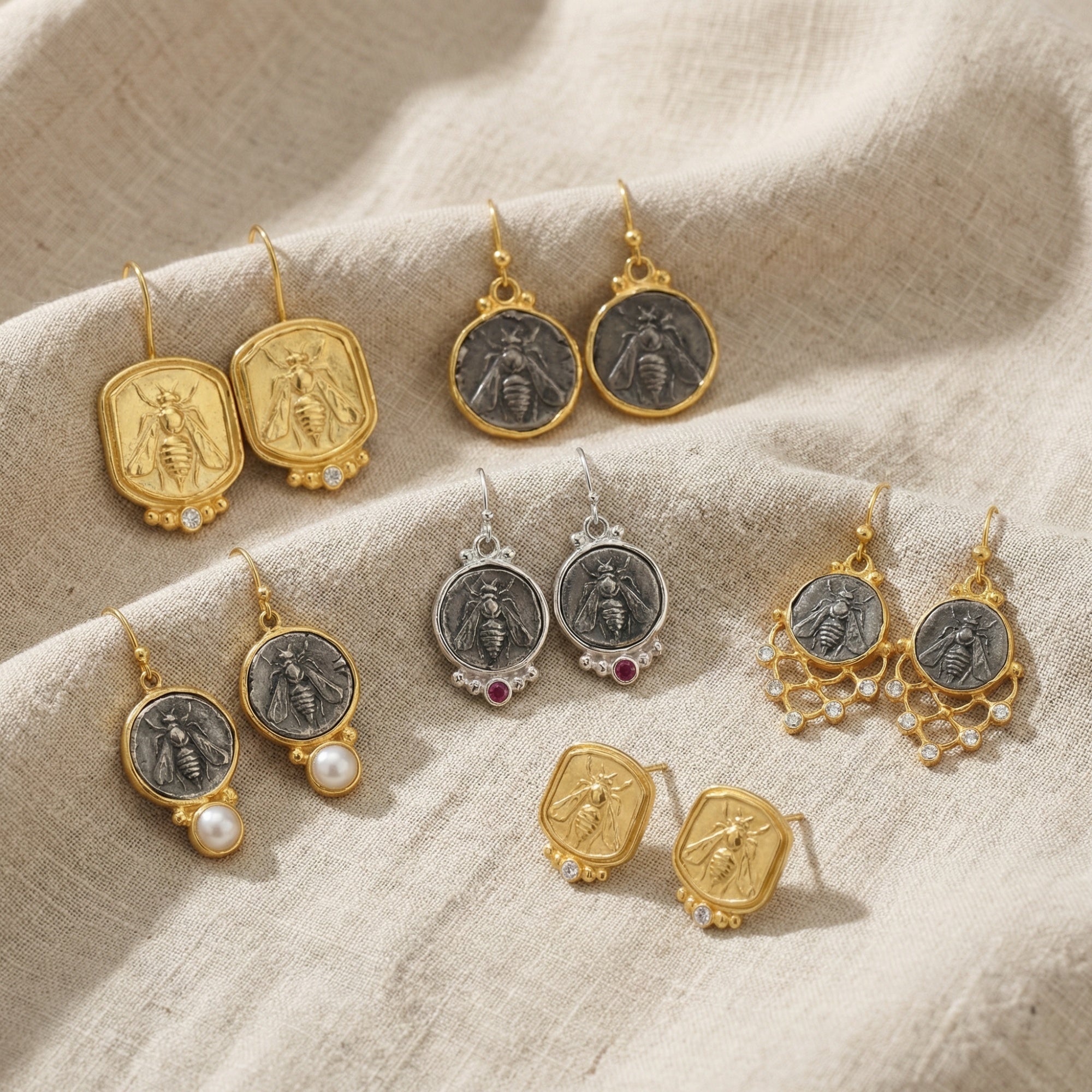 atelier sultan Collection of gold and silver earrings with bee designsturkish jewelry 