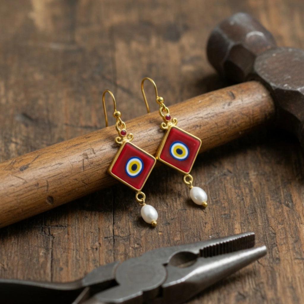 Turkish Evil Eye and Pearl earrings by designer Sultan Bodrum, 925 silver handmade artisan jewelry gift with protection and purity symbols