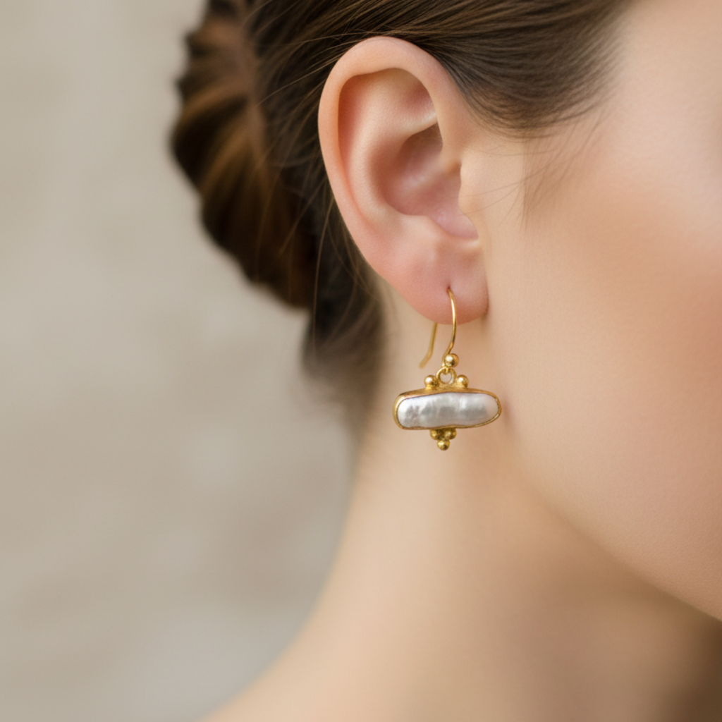 sultan free form pearl gold earrings artisan turkish jewelry bodrum turkey