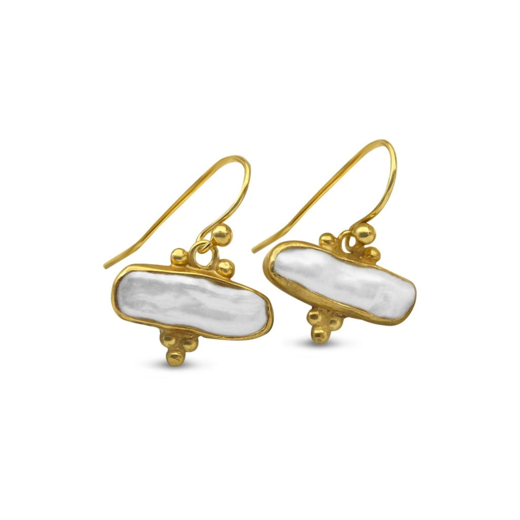 Freeform Pearl dangle earrings handcrafted by designer Sultan in Bodrum atelier, 925 sterling silver Turkish jewelry symbolizing purity and wisdom
