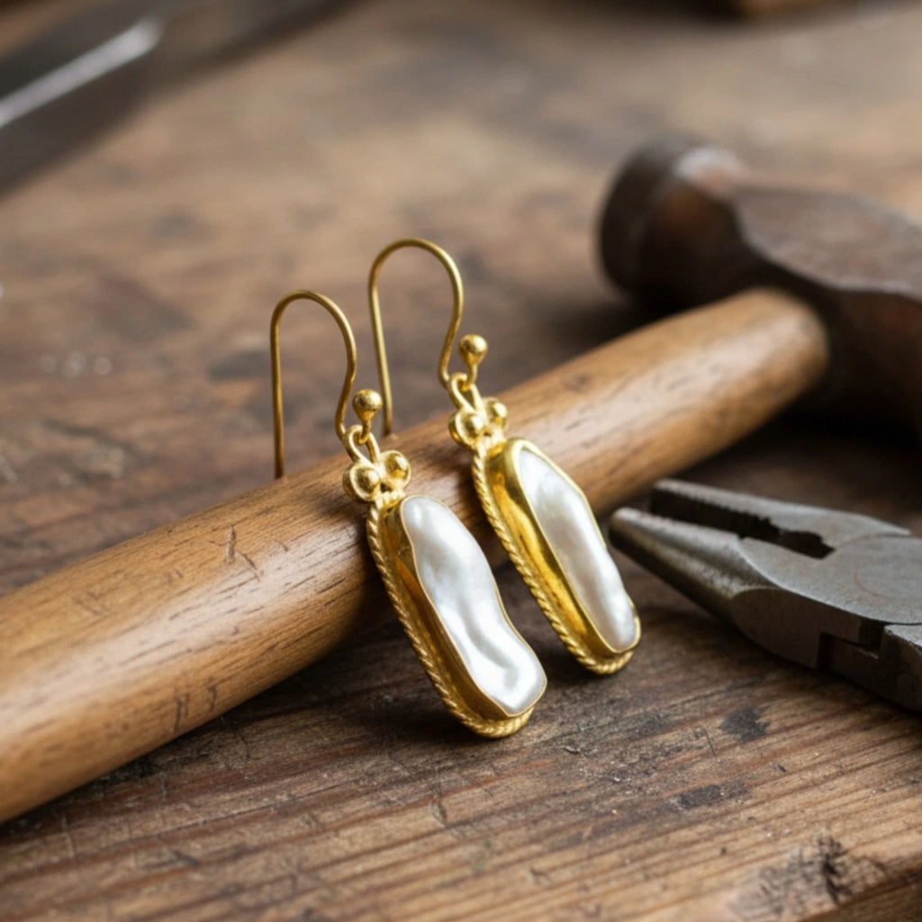 Turkish Freeform Pearl earrings by designer Sultan Bodrum, 925 silver handmade artisan jewelry gift with purity and natural beauty symbols
