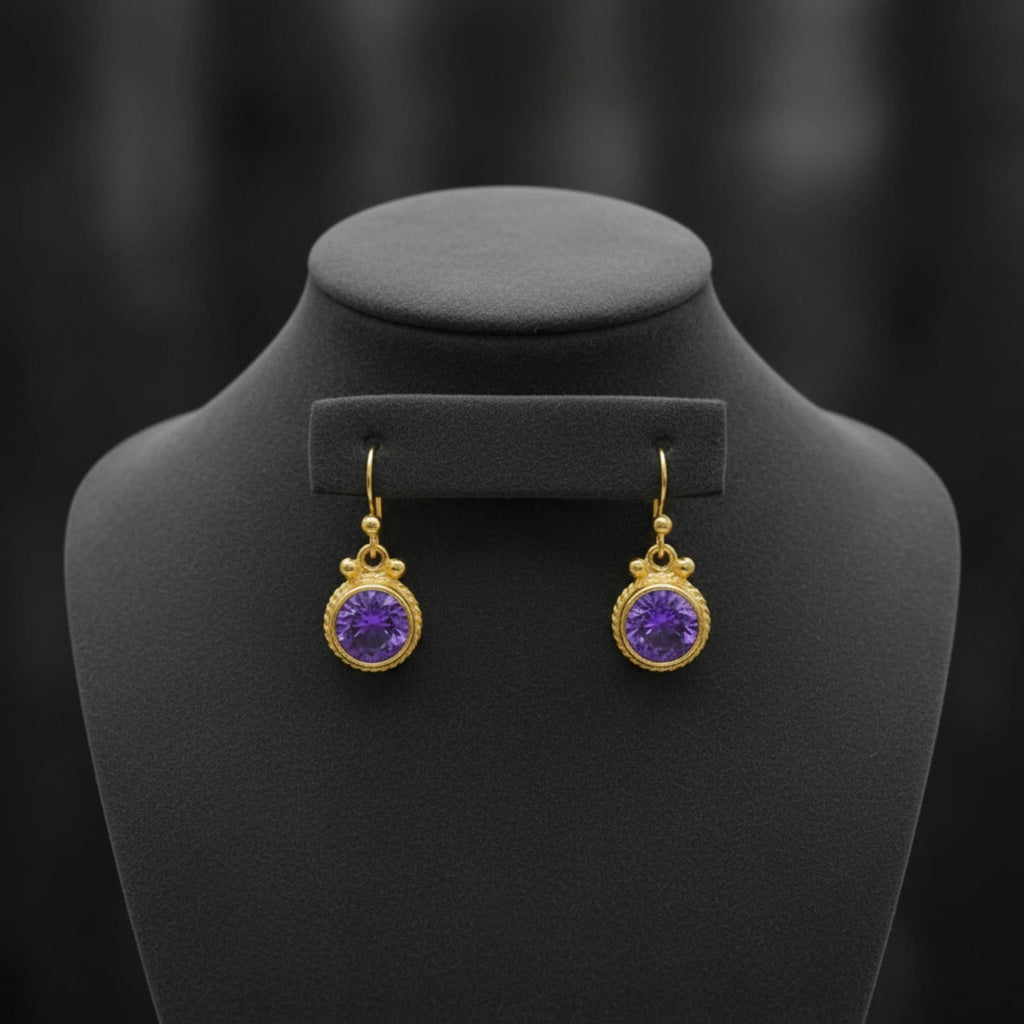Designer Amethyst dainty earrings from AtelierSultan Bodrum, handcrafted Turkish artisan jewelry with 925 sterling silver and ancient art inspiration