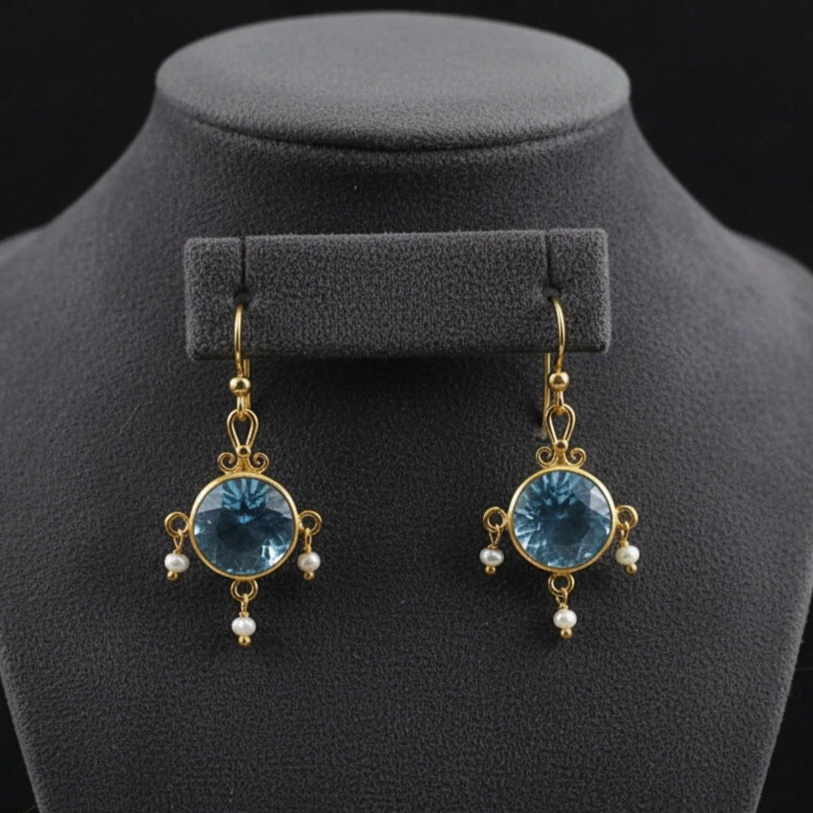 Designer Blue Topaz Pearl earrings from AtelierSultan Bodrum, handcrafted Turkish artisan jewelry with 925 sterling silver and ancient art inspiration
