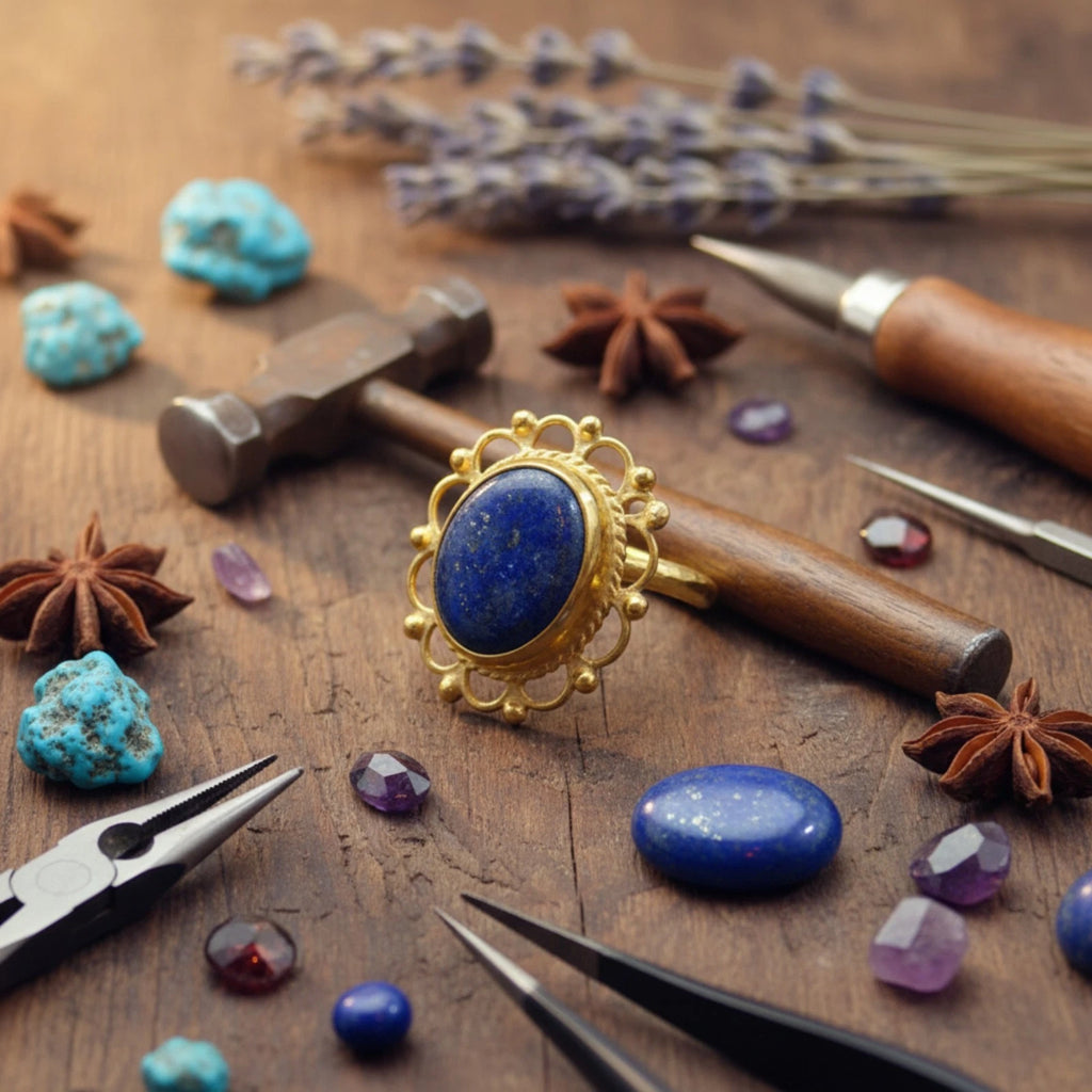 Designer Blue Lapis lazuli ring from Atelier Sultan Bodrum, handcrafted Turkish artisan jewelry with 925 sterling silver