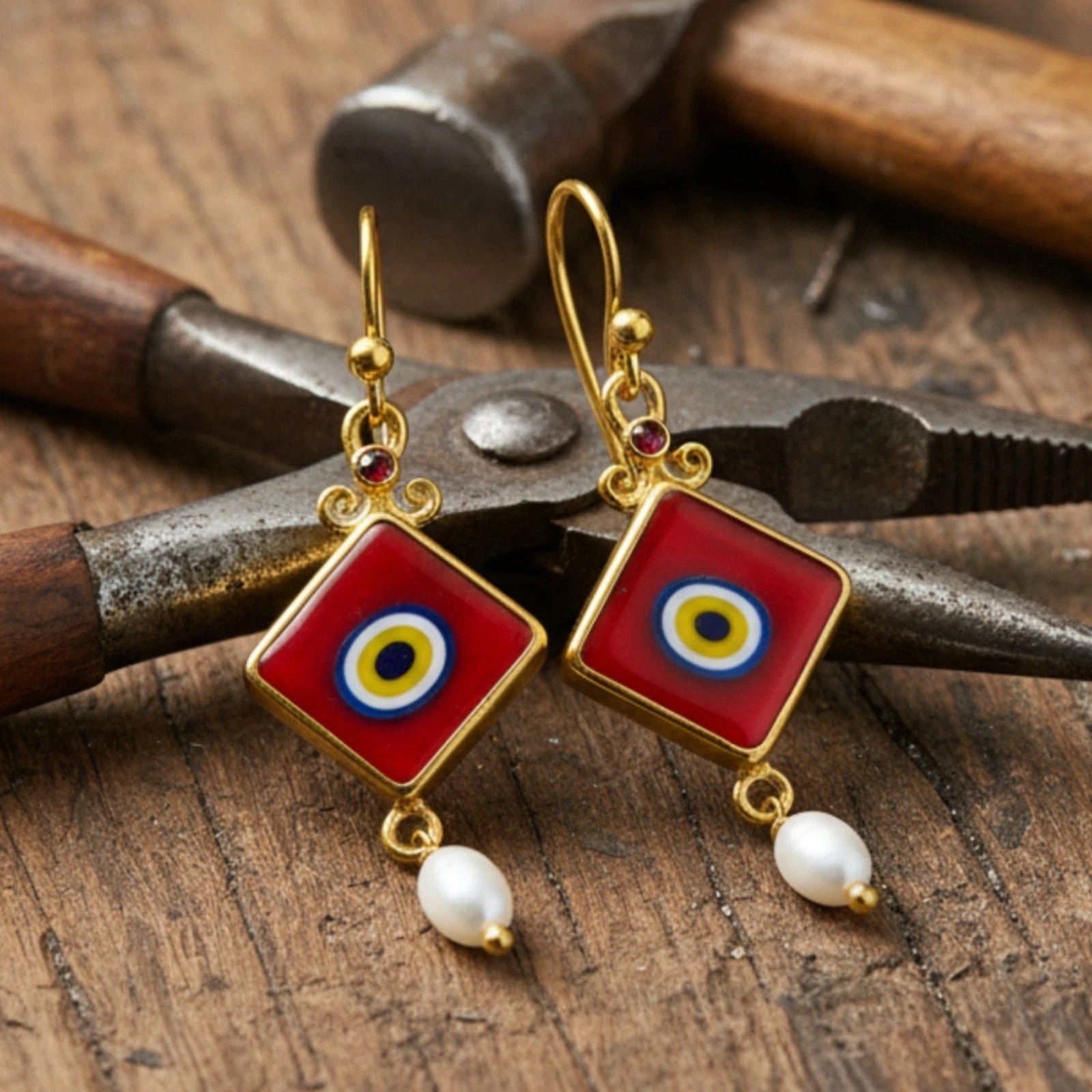 Designer Evil Eye Pearl earrings from AtelierSultan Bodrum, handcrafted Turkish artisan jewelry with 925 sterling silver and ancient art inspiration
