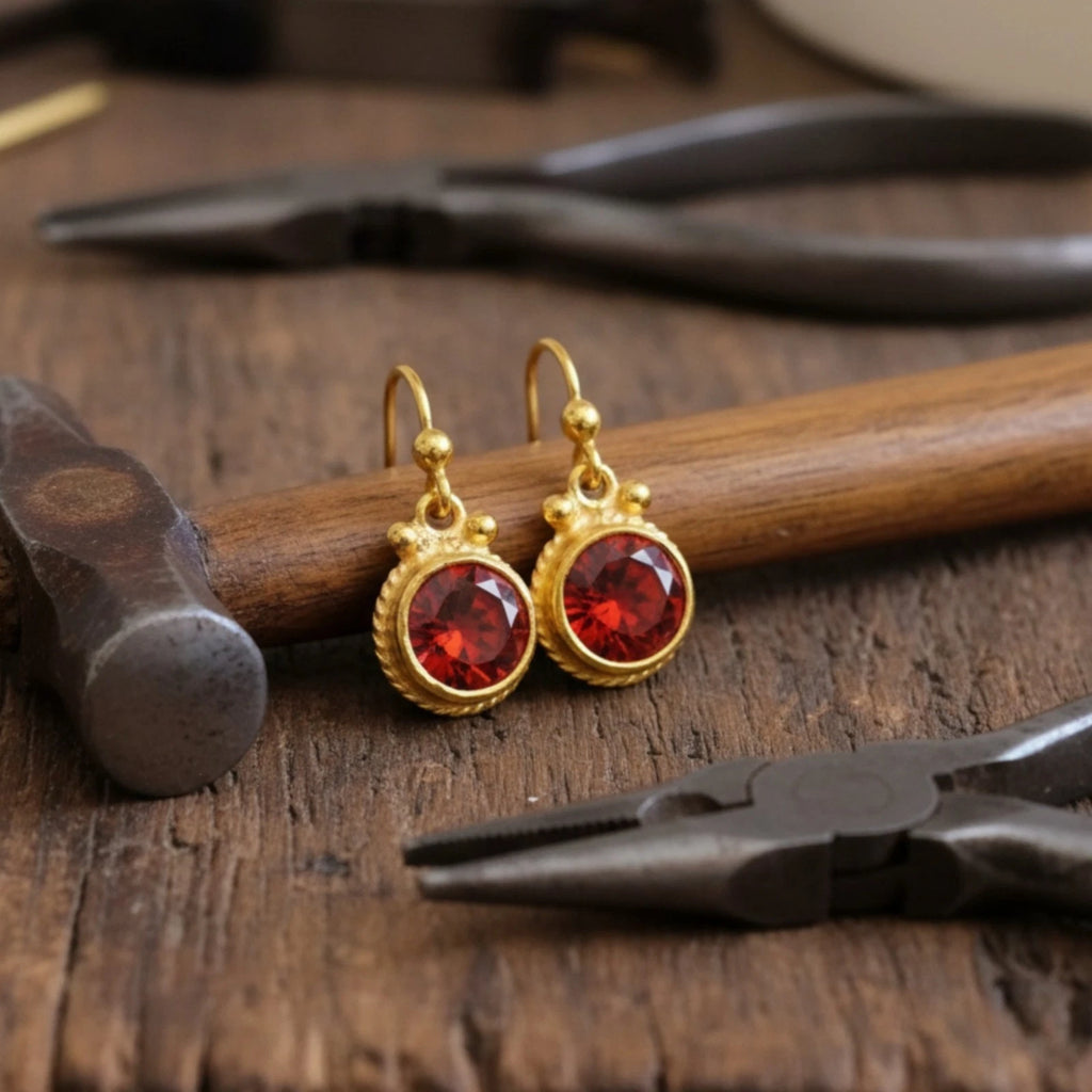 Designer Garnet dangle earrings from AtelierSultan Bodrum, handcrafted Turkish artisan jewelry with 925 sterling silver and Roman heritage
