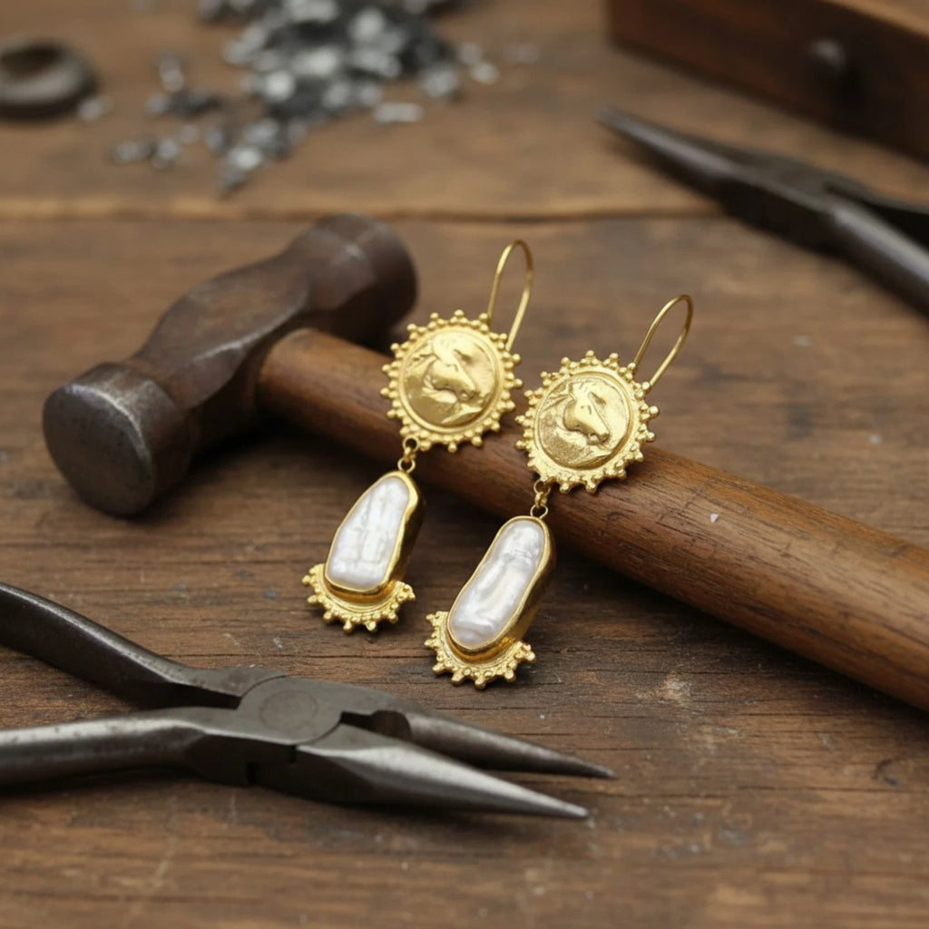 Designer Horse Coin Pearl earrings from AtelierSultan Bodrum, handcrafted Turkish artisan jewelry with 925 sterling silver and Roman heritage

