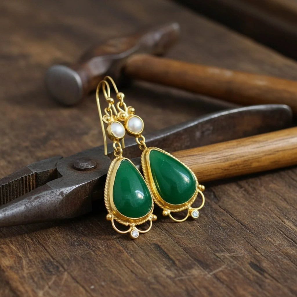 Designer Jade Pearl drop earrings from AtelierSultan Bodrum, handcrafted Turkish artisan jewelry with 925 sterling silver and ancient art inspiration
