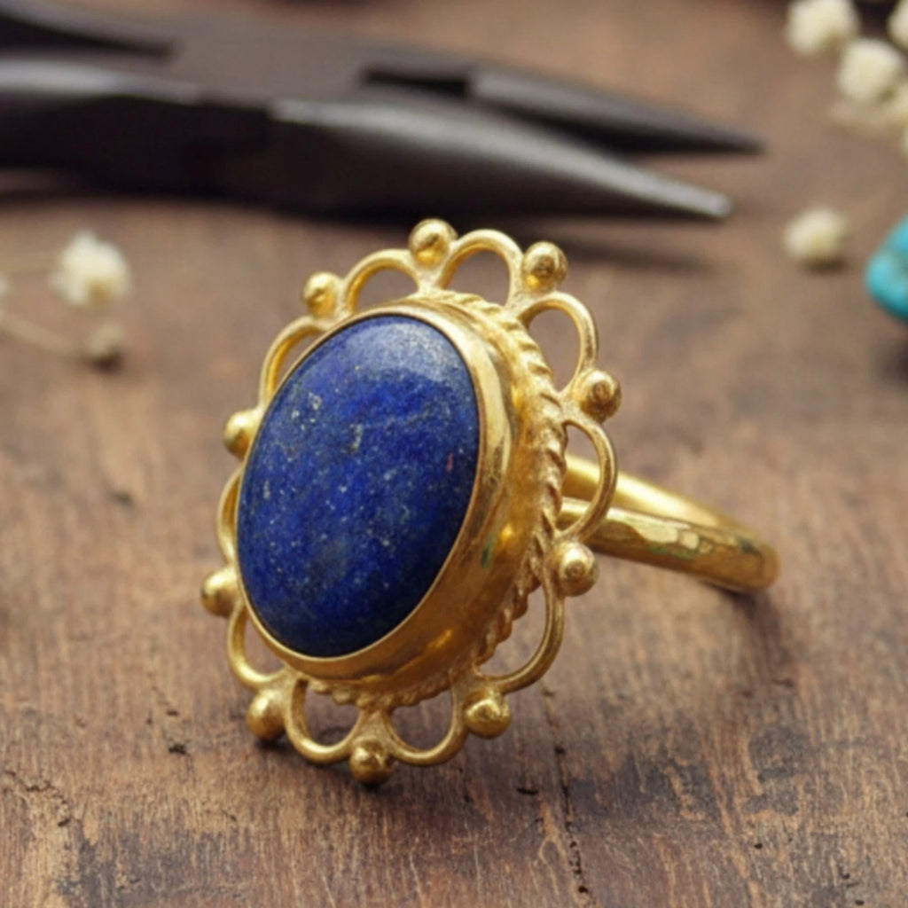 925 silver blue lapis lazuli ring featuring ancient-inspired design by artisan Sultan, Bodrum Turkish jewelry